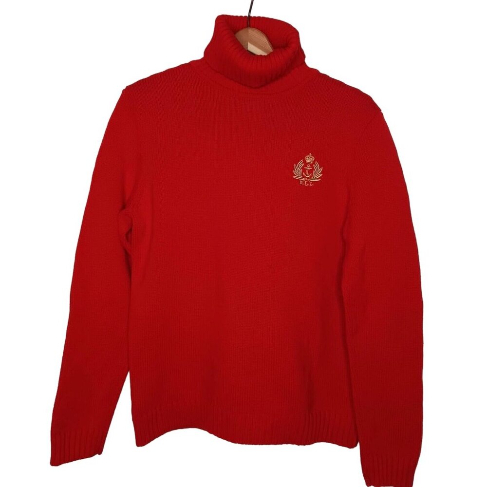 Ralph Lauren Jeans Company XL Sweater Red Turtleneck Gold Anchor Crest Nautical